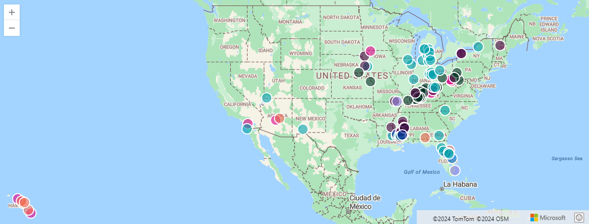 Captura de tela de exemplos de eventos da série de tempestades em um mapa.