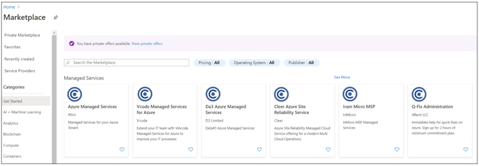 Captura de ecrã a mostrar a opção de menu do mercado privado no lado esquerdo do Marketplace.