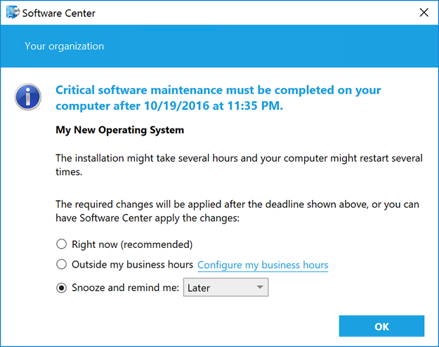 O diálogo de software necessário notifica-o da manutenção crítica do software