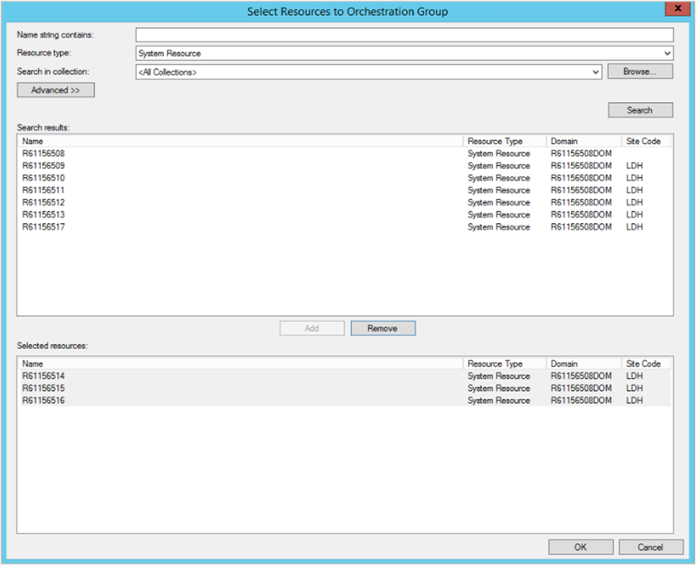 Screenshot da janela select Resources to Orchestration Group