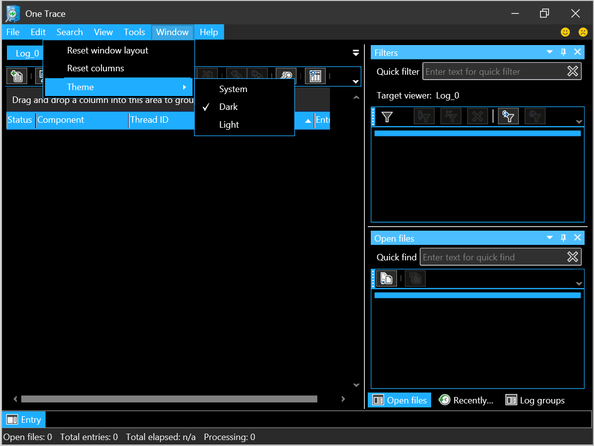 Screenshot de OneTrace com a janela e menus temáticos abertos