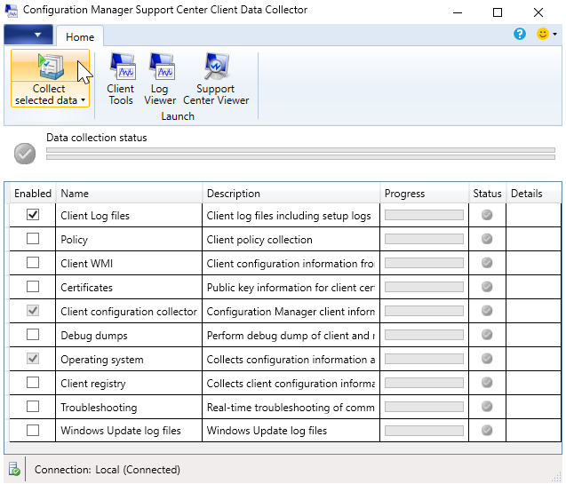 Recolher opção de dados selecionada no Support Center Client Data Collector