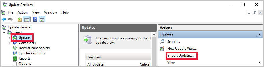 Selecione atualizações de importação na consola WSUS