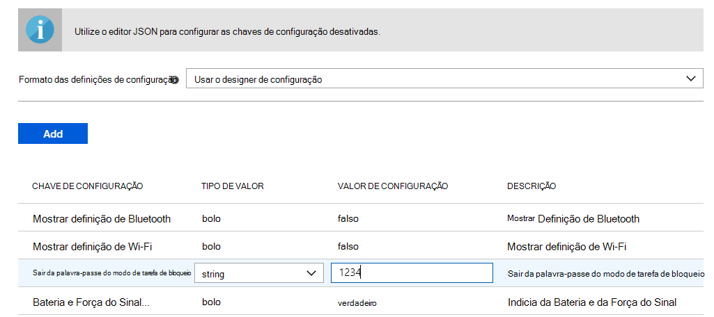 Captura de ecrã a mostrar as definições de configuração adicionadas