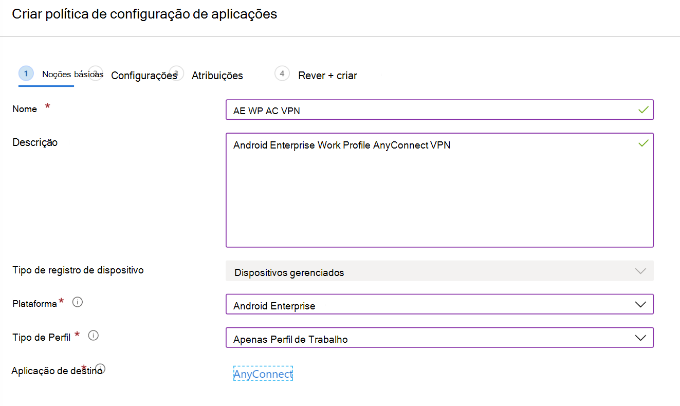 Criar uma política de configuração de aplicações para configurar a VPN ou a VPN por aplicação no Microsoft Intune