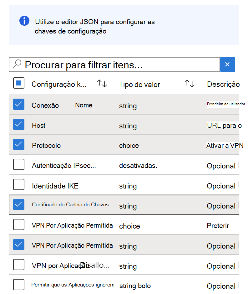 Adicione chaves de configuração a uma política de configuração de aplicações VPN no Microsoft Intune com a configuração Designer - exemplo.