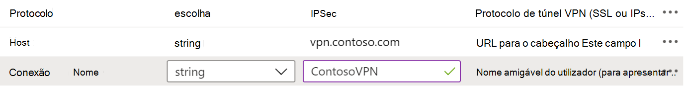 Exemplos de protocolo, nome de ligação e nome de anfitrião numa política de configuração de aplicações VPN no Microsoft Intune através da configuração Designer