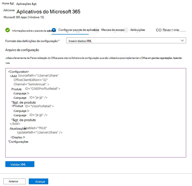 Screenshot: Add Microsoft 365 - Configuration designer - XML example.