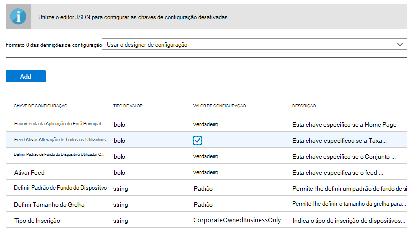 Formato das definições de configuração – Introduzir dados JSON