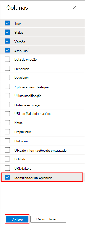 Captura de ecrã que mostra como selecionar a coluna ID do Pacote de Aplicações em Todas as Aplicações no Microsoft Intune e no centro de administração do Intune.