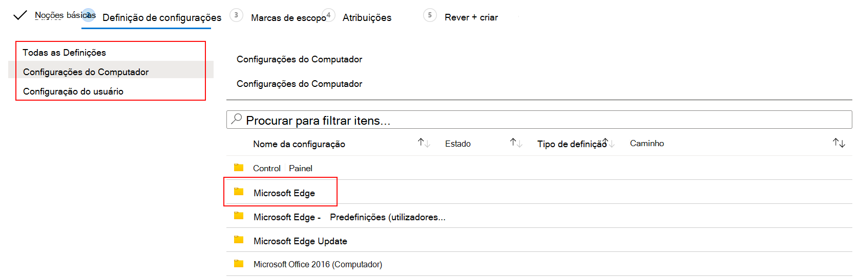 Captura de ecrã a mostrar as definições do ADMX para configuração do utilizador e configuração do computador no Microsoft Intune e no centro de administração do Intune.