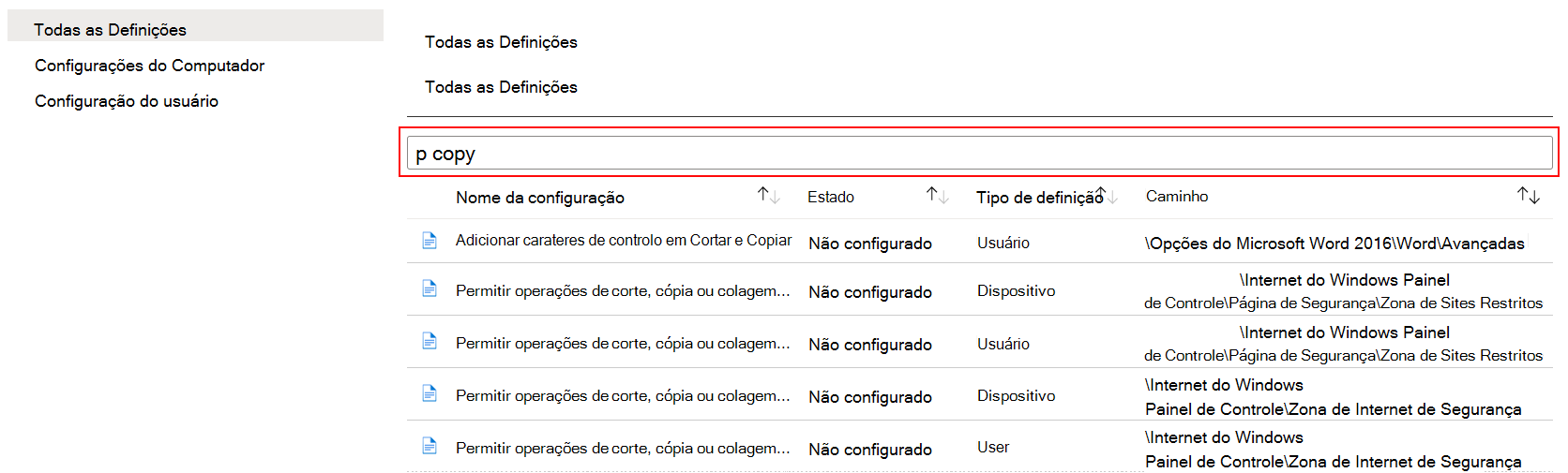 Procure por cópia para mostrar todas as configurações do dispositivo em modelos administrativos no Microsoft Intune e no centro de administração do Intune.