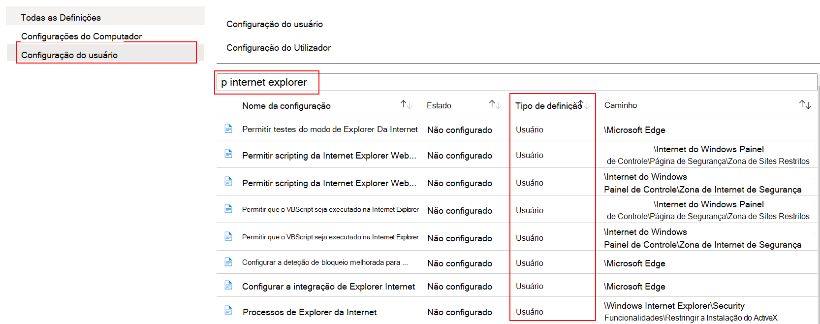 No modelo ADMX, selecione configuração do utilizador e pesquise ou filtre por internet Explorer no Microsoft Intune.