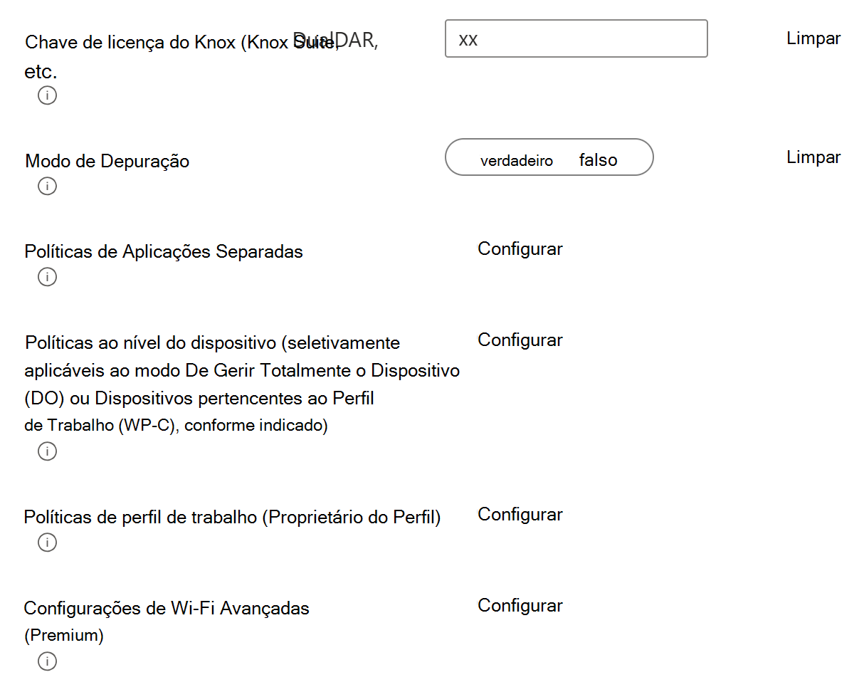 Captura de ecrã a mostrar um perfil de configuração de dispositivo OEMConfig de exemplo com grupos principais ou pacotes principais que podem ser configurados no Microsoft Intune.