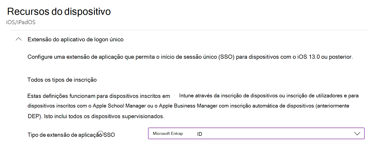 Captura de ecrã que mostra o tipo de extensão da aplicação SSO e Microsoft Entra ID para iOS/iPadOS no Intune.