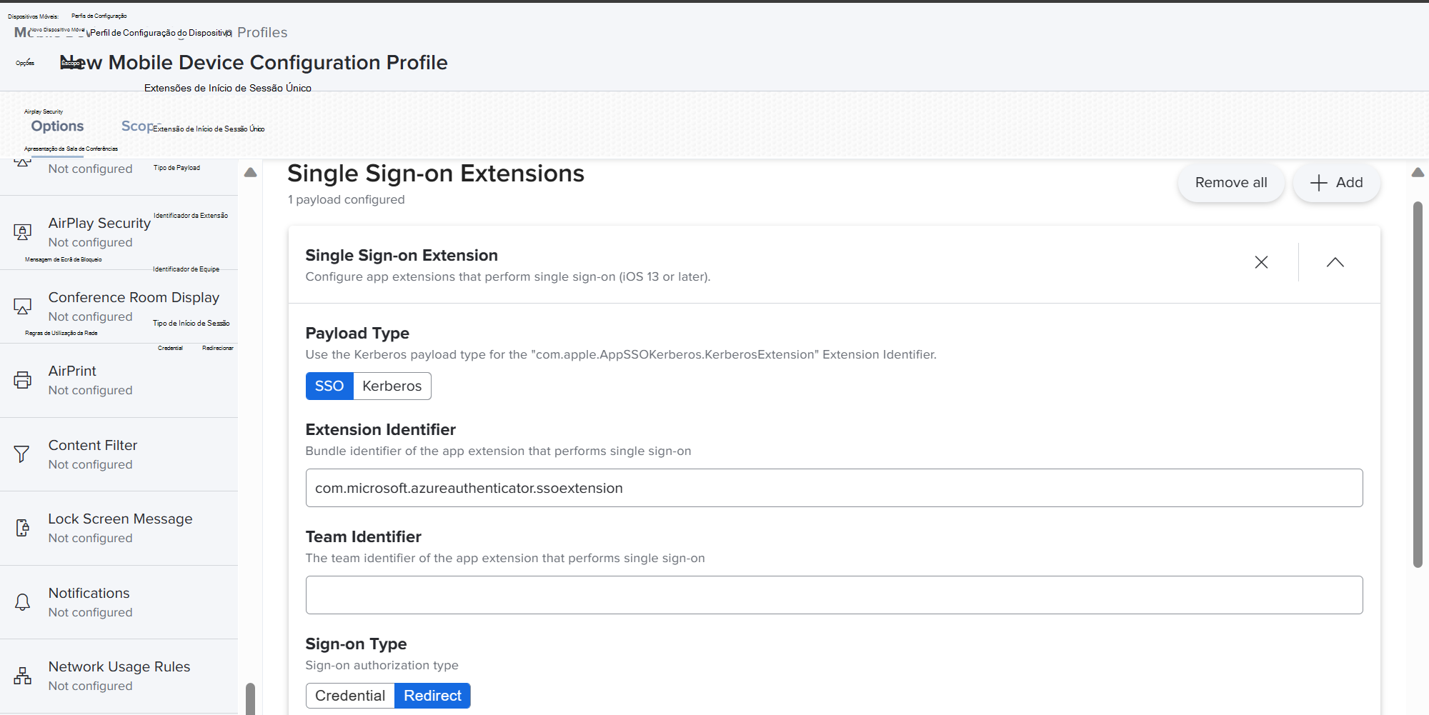 Captura de ecrã que mostra o portal do Jamf Pro e o tipo de payload, o identificador da extensão, o identificador da equipa e as definições de tipo SSO para dispositivos iOS/iPadOS.