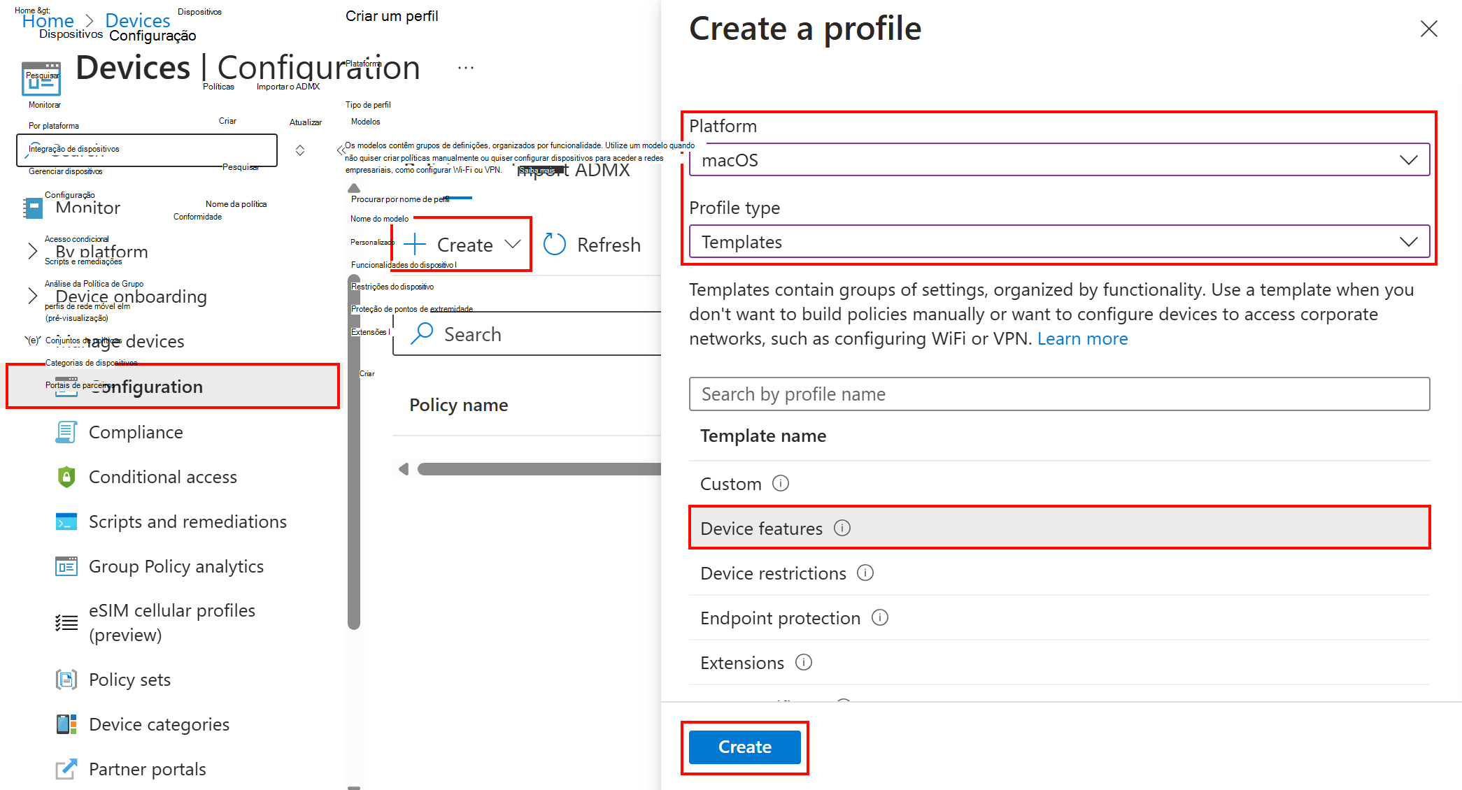Captura de ecrã que mostra como criar um perfil de configuração de funcionalidades do dispositivo para macOS no Intune.