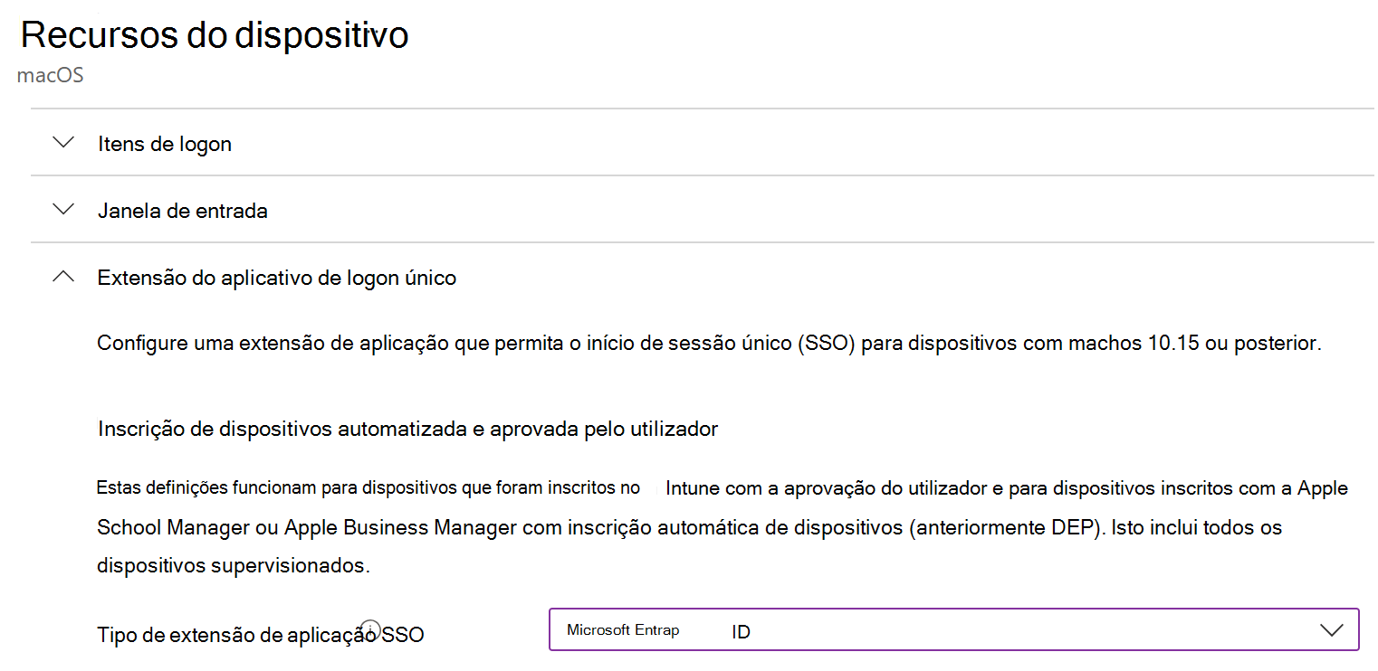 Captura de ecrã que mostra o tipo de extensão da aplicação SSO e Microsoft Entra ID para macOS no Intune