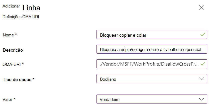 Captura de ecrã de uma definição num Microsoft Intune perfil de trabalho personalizado que bloqueia a cópia e a colagem para dispositivos pessoais do Android Enterprise.