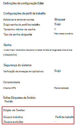 Captura de ecrã que mostra como selecionar atribuições para implementar o perfil em utilizadores e grupos no Microsoft Intune.