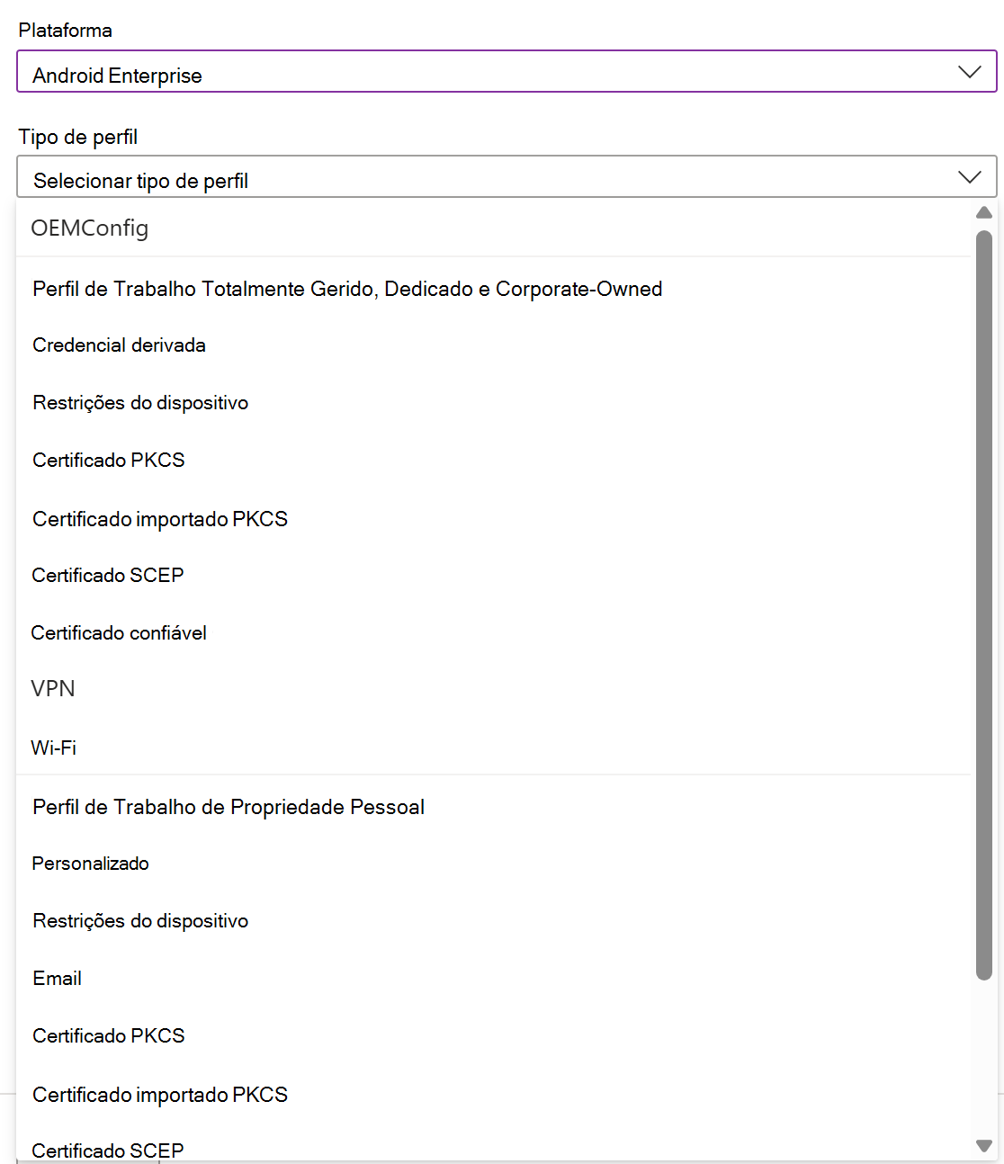 Captura de ecrã que mostra como criar uma política e perfil de configuração de dispositivos iOS/iPadOS no Microsoft Intune.