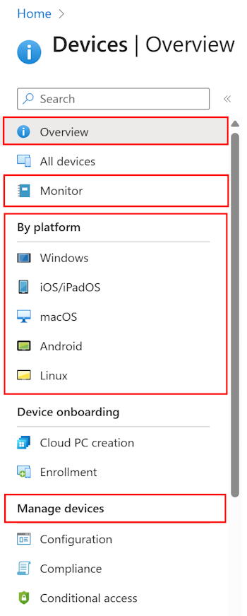 Captura de ecrã que mostra como selecionar Dispositivos para ver o que pode configurar e gerir no Microsoft Intune.