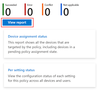 Captura de tela que mostra a seleção do relatório de exibição em uma política de configuração de dispositivo para obter o status de check-in do dispositivo e do usuário no Microsoft Intune e no centro de administração do Intune.