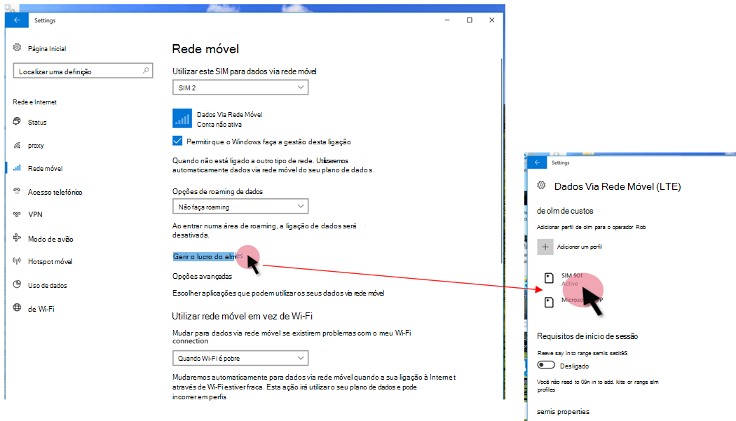 Exibir os perfis do eSIM nas configurações do dispositivo.