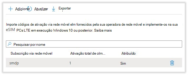 O pool de assinaturas de celular tem o nome do arquivo CSV de exemplo de código de ativação.