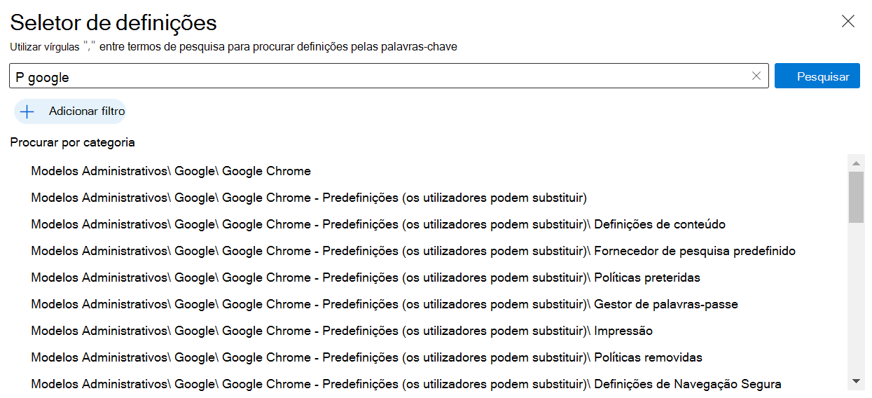 Captura de ecrã a mostrar as definições do Google Chrome no catálogo de definições incorporado no Microsoft Intune e Intune centro de administração. Utilize estas definições para criar e configurar uma política do Google Chrome em dispositivos Windows.