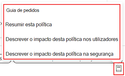 Captura de ecrã que mostra o guia de pedido de política copilot e uma lista dos pedidos disponíveis no catálogo de definições no Microsoft Intune e Intune centro de administração.