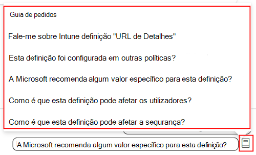 Captura de ecrã que mostra o guia de pedido de definições do Copilot e uma lista dos pedidos disponíveis no catálogo de definições no Microsoft Intune e Intune centro de administração.