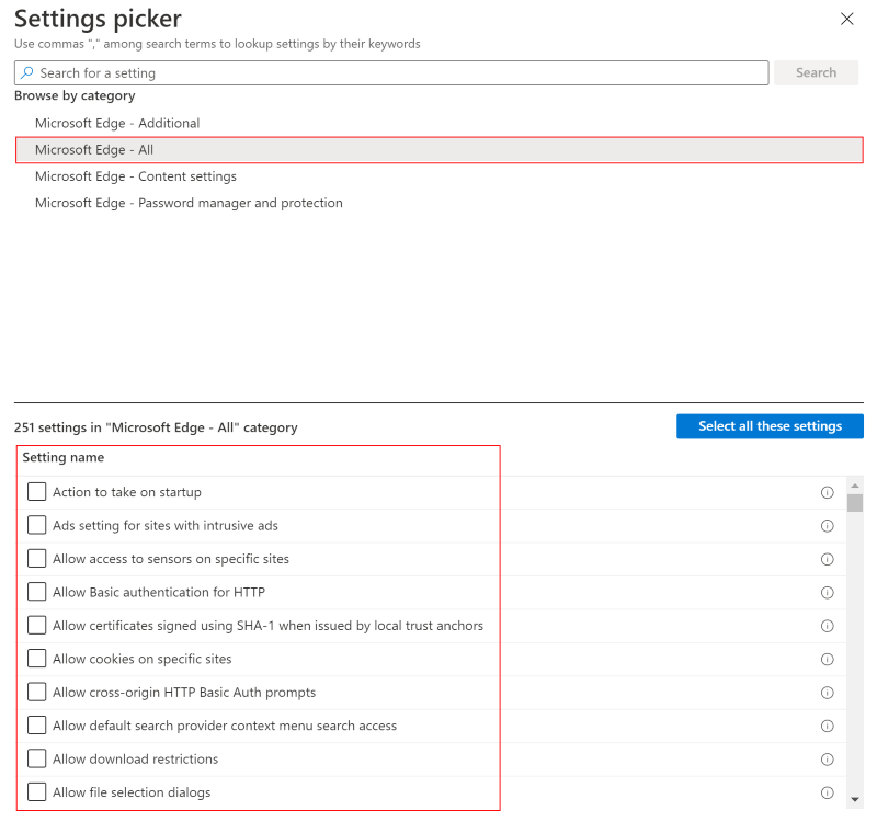 Captura de ecrã que mostra o Catálogo de Definições quando seleciona macOS e seleciona uma funcionalidade ou categoria no Microsoft Intune e Intune centro de administração.