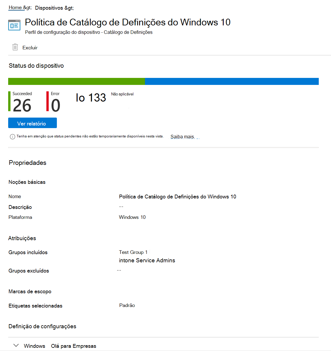 Captura de ecrã que mostra como selecionar a política de catálogo de definições para ver a status do dispositivo, o estado da política e as propriedades no Microsoft Intune e Intune centro de administração.