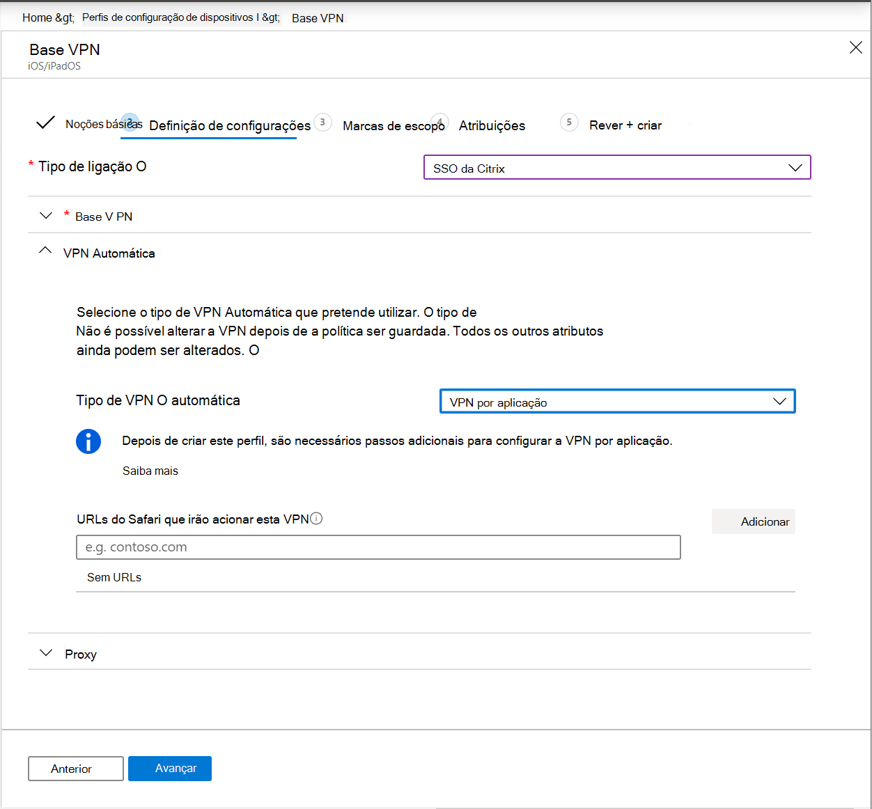 Captura de ecrã que mostra a VPN Automática definida como VPN por aplicação em dispositivos iOS/iPadOS no Microsoft Intune.