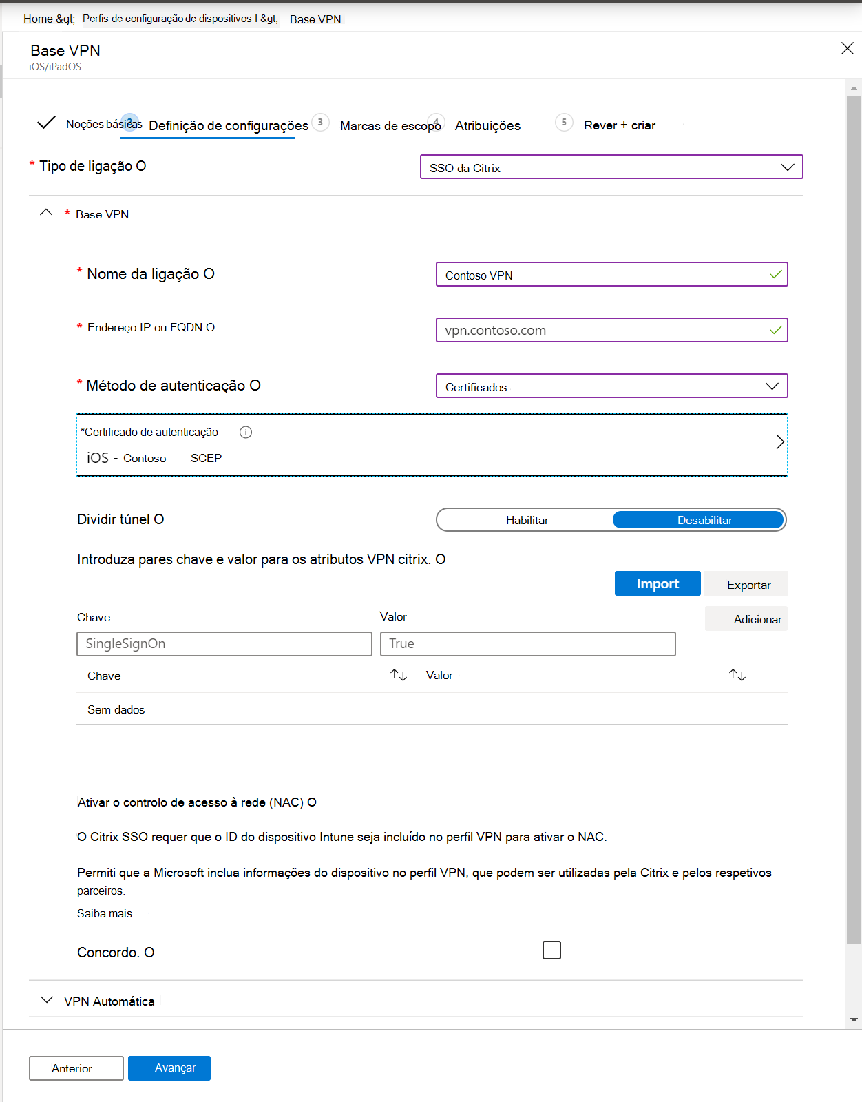 Captura de ecrã que mostra um perfil VPN por aplicação, um endereço IP ou FQDN, um método de autenticação e um túnel dividido no Microsoft Intune e no centro de administração Intune.