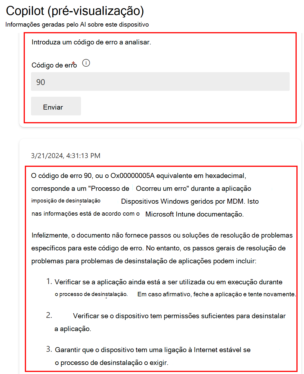 Captura de ecrã que mostra a funcionalidade Analisar um código de erro no Copilot depois de selecionar um dispositivo no Microsoft Intune ou Intune centro de administração.