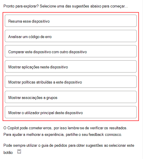 Captura de ecrã que mostra os pedidos de exemplo do Copilot depois de selecionar um dispositivo no Microsoft Intune ou Intune centro de administração.