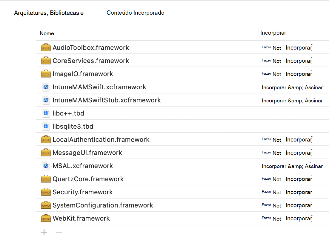 Intune SDK da Aplicação iOS Framework: Xcode Frameworks, Bibliotecas e Exemplo de Conteúdo Incorporado