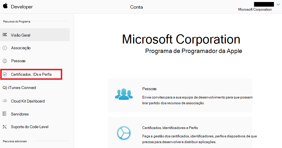 Portal do Programador da Apple – Certificados, IDs & Perfis