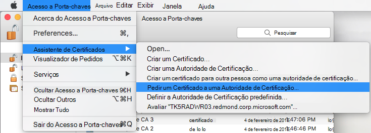 Pedir um certificado a uma Autoridade de Certificação no Acesso a Porta-chaves