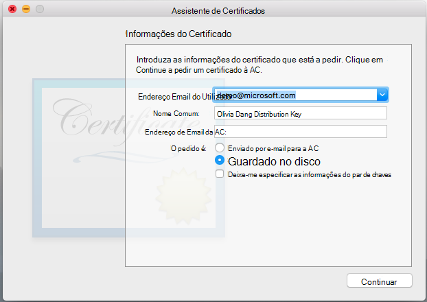 Introduza as informações do certificado que está a pedir