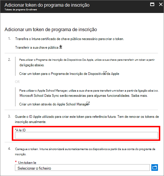 Captura de ecrã de exemplo a mostrar o ID Apple utilizado para criar o token do programa de inscrição e navegar para o token do programa de inscrição.