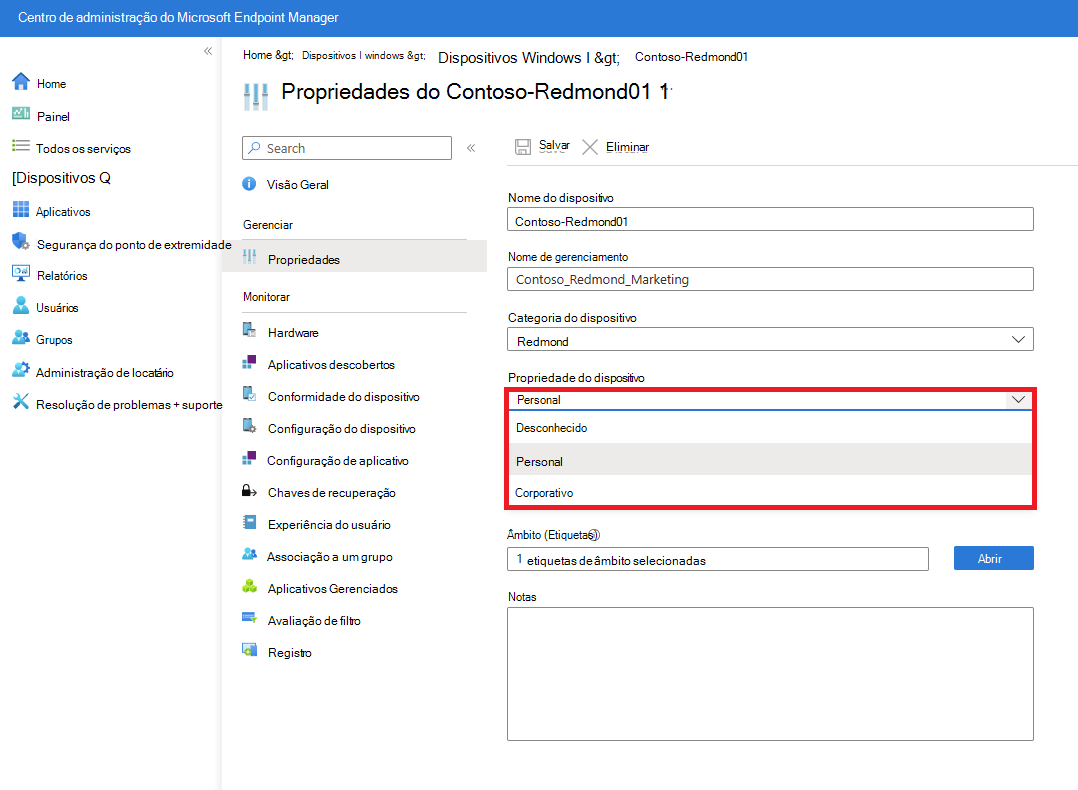 Captura de ecrã das propriedades do dispositivo gerido a mostrar as opções Categoria do dispositivo e Propriedade do dispositivo.