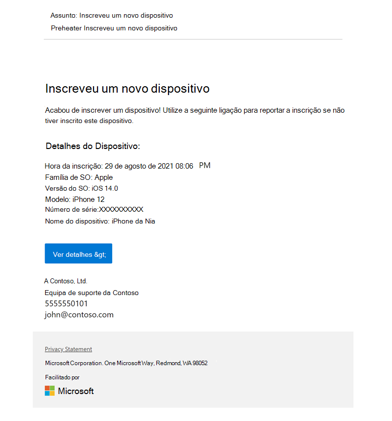 Imagem de exemplo de uma notificação de inscrição configurada no Intune, a notificar o destinatário de que foi inscrito um dispositivo com o nome *iPhone da Nia