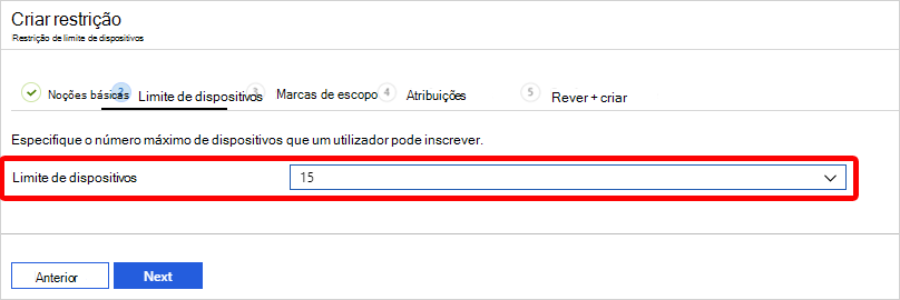 Captura de ecrã que mostra como escolher um limite de dispositivos.