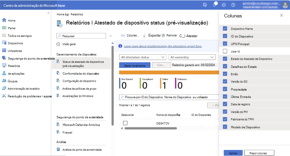 Captura de ecrã do relatório de atestado de dispositivos