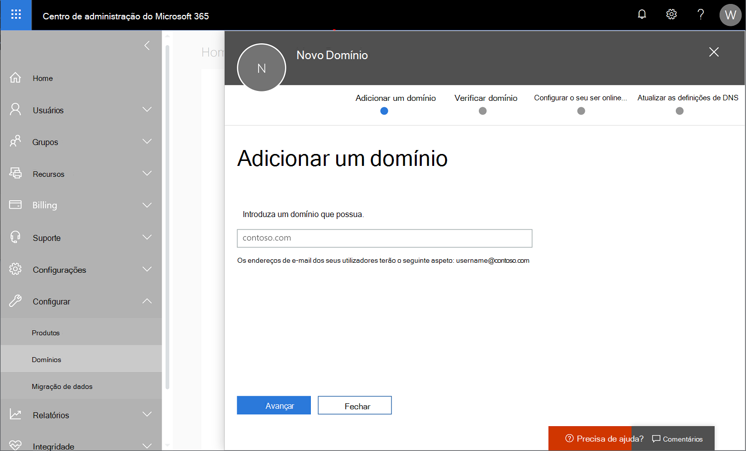 Captura de ecrã do Centro de administração do Microsoft 365 com a opção Domínios de Definições > selecionada e um novo nome de domínio a ser adicionado