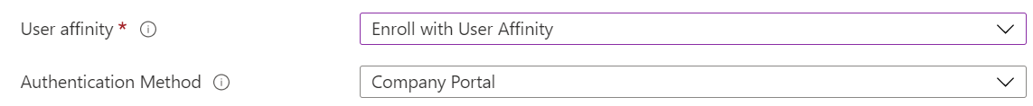 No Intune centro de administração e Microsoft Intune, inscreva dispositivos iOS/iPadOS com a inscrição automatizada de dispositivos (ADE). Selecione Inscrever com afinidade de utilizador e utilize a aplicação Portal da Empresa para autenticação.