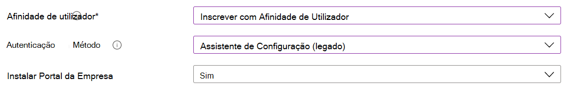 No Intune centro de administração e Microsoft Intune, inscreva dispositivos iOS/iPadOS com a inscrição automatizada de dispositivos (ADE). Selecione Inscrever com afinidade de utilizador, utilize o Assistente de Configuração para autenticação e instale a aplicação Portal da Empresa.